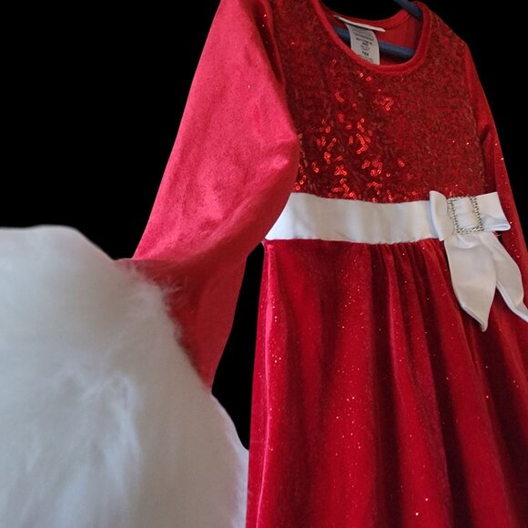 Girls Red & White Long Sleeve Christmas Dress W/ Faux Fur Trim Sequin Top Bow Ac - Picture 3 of 13